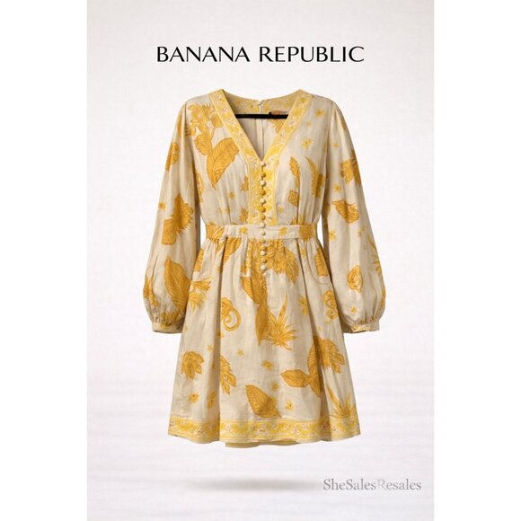 Banana Republic Linen Blend Mini Dress Yellow Beige Tropical Print Size 10 Pocke - Picture 1 of 7